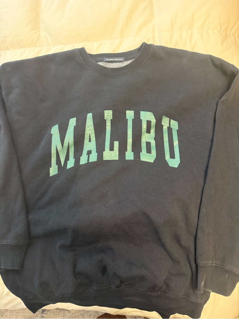 Brandy Melville Black Crewneck Sweatshirt with Green Malibu Print. One Size.